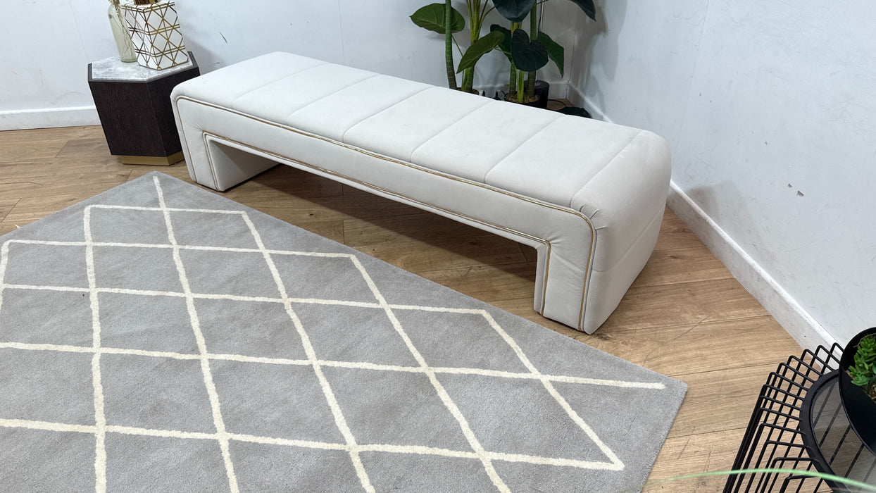 Sofology Oscar Fabric Large Bench Footstool Gold Trim in Super Matt Velvet Ecru