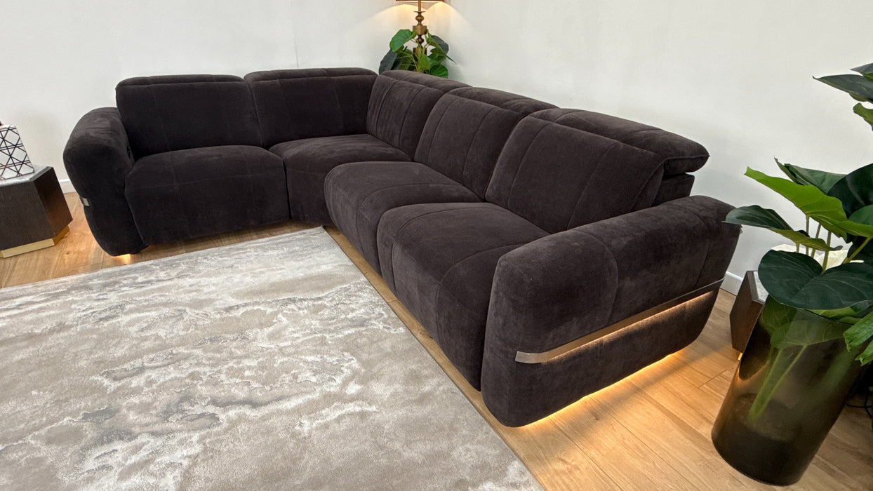 Sofology Lumiere Fabric 1.5 Corner 3 Power Recliner/Headrest Gunmetal Trim in Relaxed Chenille Raisin