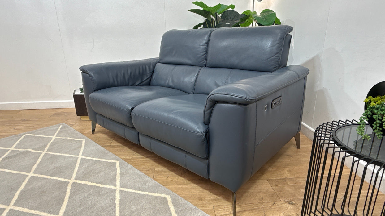 Sofology Illinois Leather 2 Seater Power Recliner/Headrest Heated Seats in Trusty Soft Sheen Smoke Blue