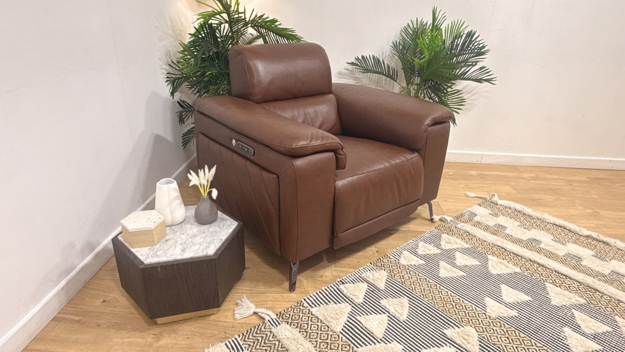 Sofology Fratelli Leather Chair Power Recliner/Headrest in Trusty Embossed Chestnut