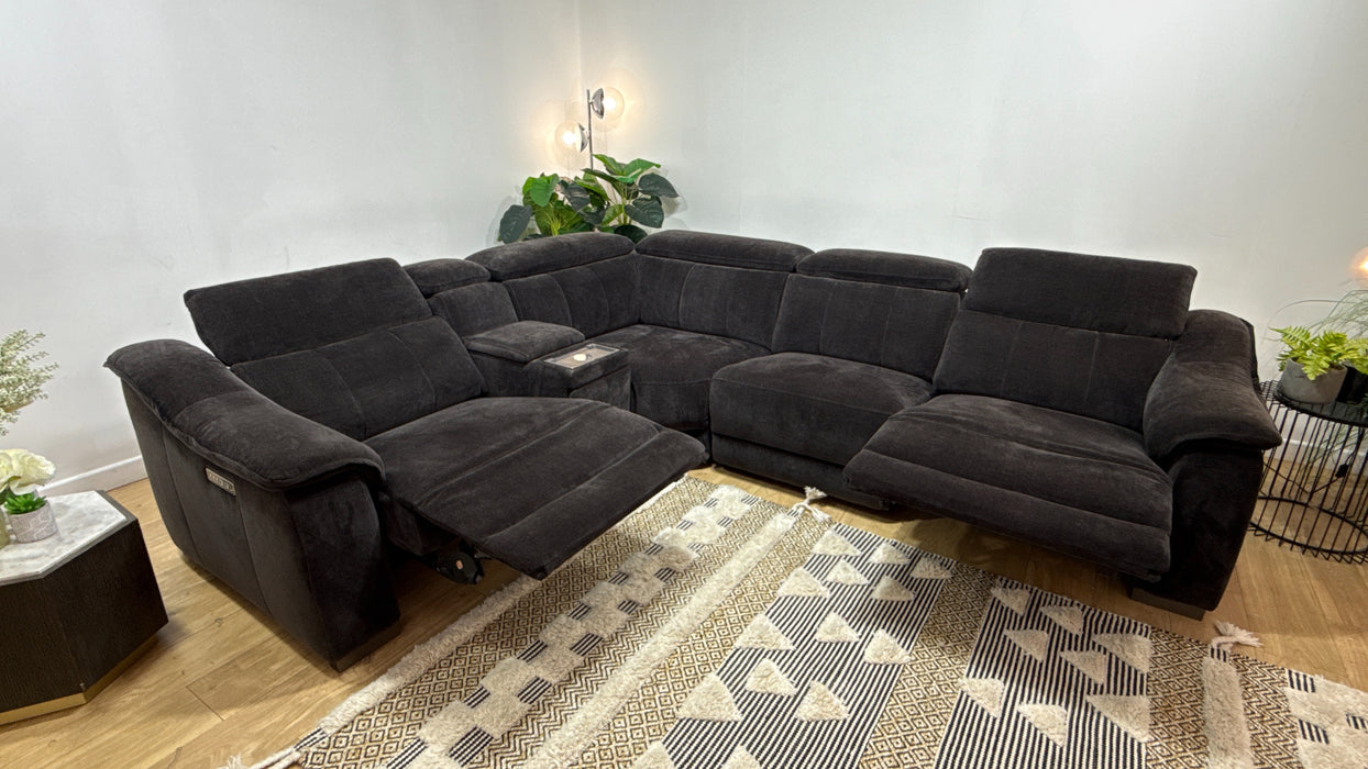 Sofology Carrera Fabric 1.5 Smart Console Corner 3 Power Recliner/Headrest in Relaxed Chenille Raisin