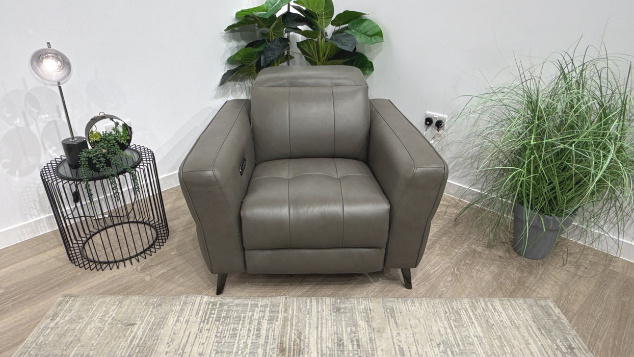 Sofology Jax Leather Chair Power Recliner/Headrest Lumbar Support in Trusty Embossed Grey