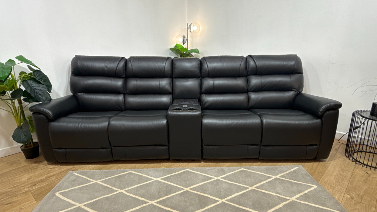 Sofology Cleveland 4 Seater Leather Power Recliner, Heated Seats, Lumbar + Console in Trusty Embossed Jet Black