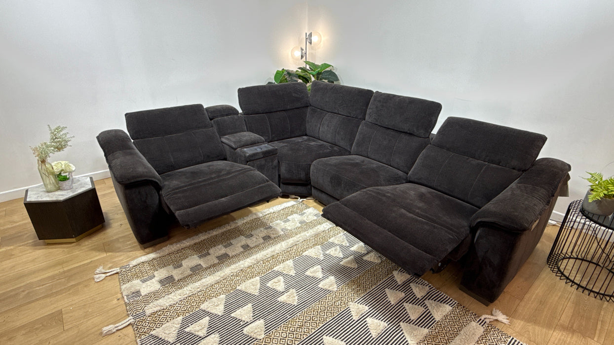 Sofology Carrera Fabric 1.5 Smart Console Corner 3 Power Recliner/Headrest in Relaxed Chenille Raisin