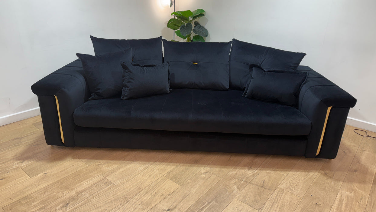 Sofology Oscar Fabric 4 Seater Gold Trim in Super Matt Velvet Black Mix
