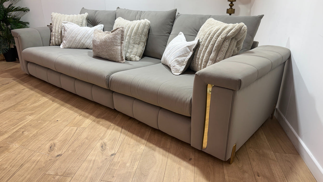Sofology Oscar Fabric 4 Seater Gold Trim in Matt Velvet Pebble