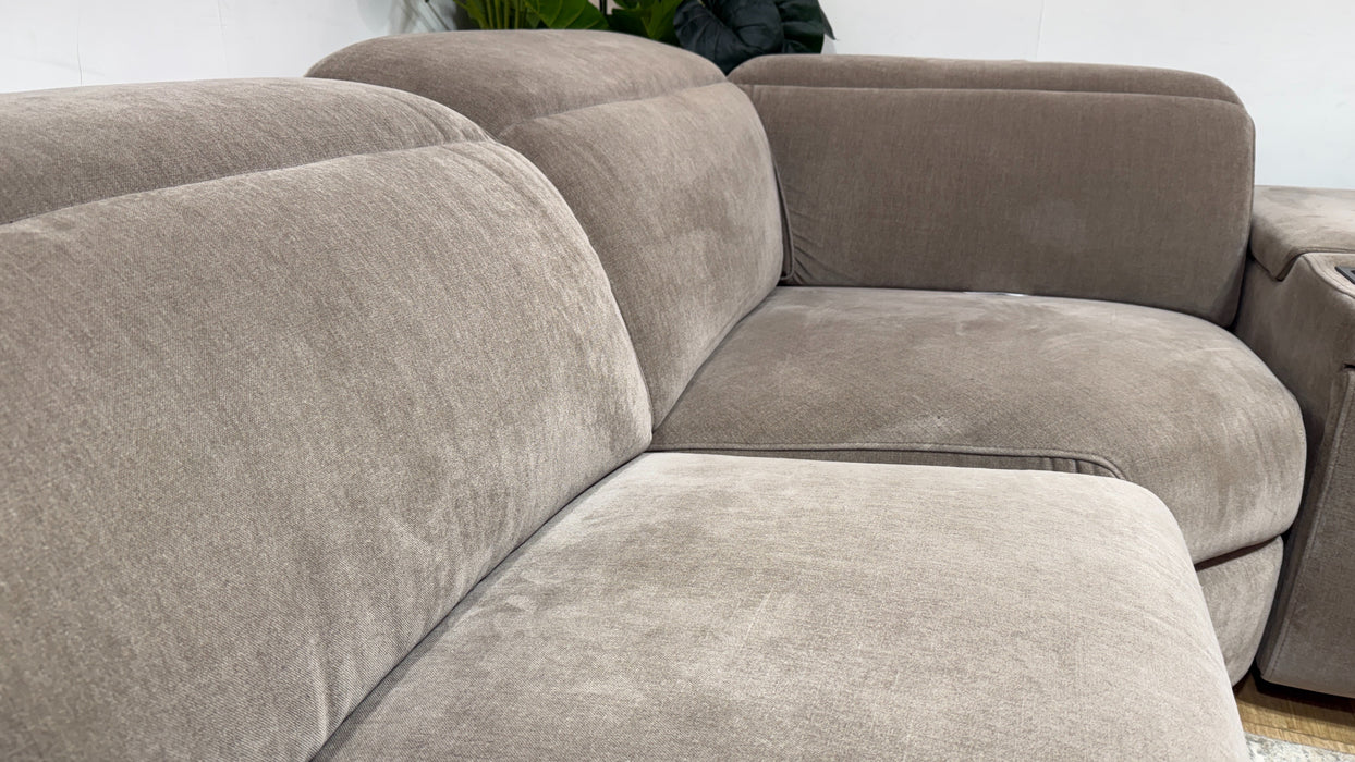 Sofology Plaza Fabric 1.5 Smart Console Corner 3 Power Recliner/Headrest Heated Seats in Relaxed Chenille Nutmeg