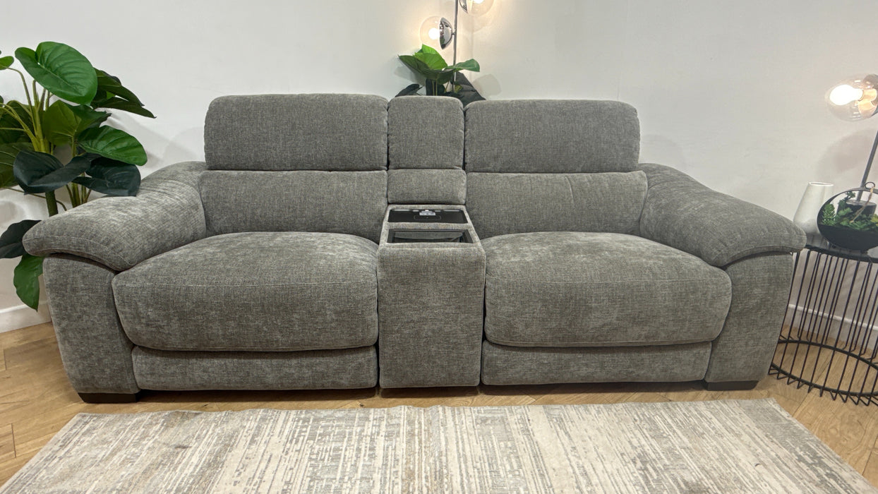 Sofology Elevate 2.5 Seater Screen Console Power Recliner/Headrest Heated Seats Lumbar Support Speakers in Chenille Grey Fab