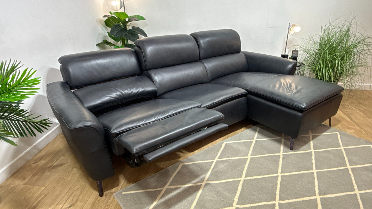 Sofology The Viento 3 Seater Leather Chaise, Power Recliner, HDRST,Lumber & Heated St in Navy