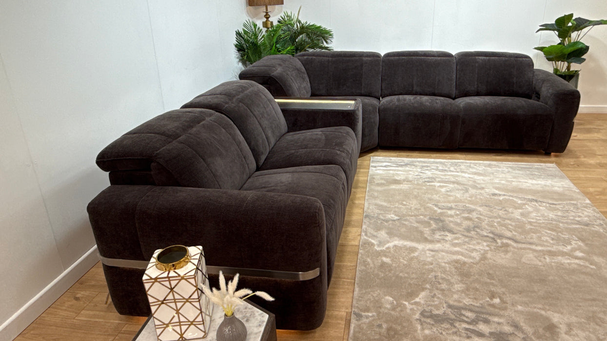 Sofology Lumiere Fabric 3 Console Corner 3 Triple Power Recliner/Headrest in Relaxed Chenille Raisin