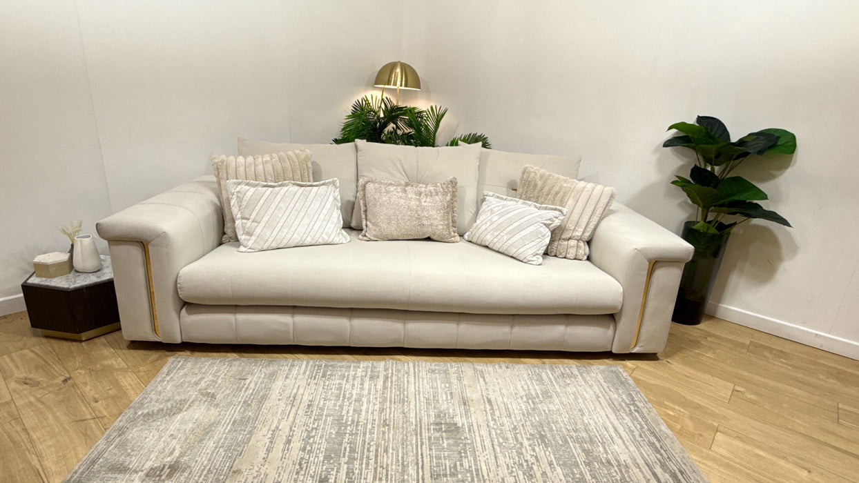 Sofology Oscar Fabric 4 Seater Gold Trim in Super Matt Velvet Ecru Mix