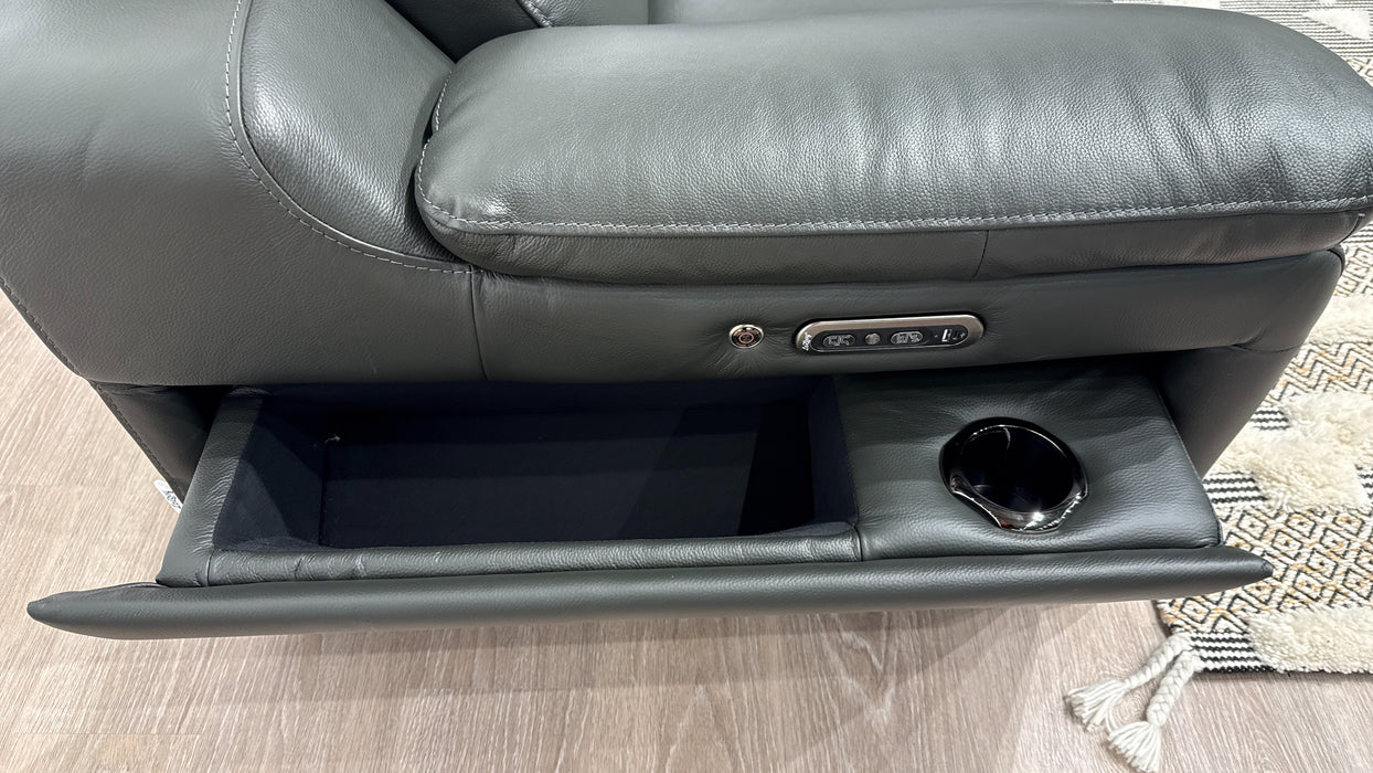 Sofology Portland Leather 3 Console Corner 3 Power Recliner/Headrest Heated Seats in Trusty Embossed Charcoal