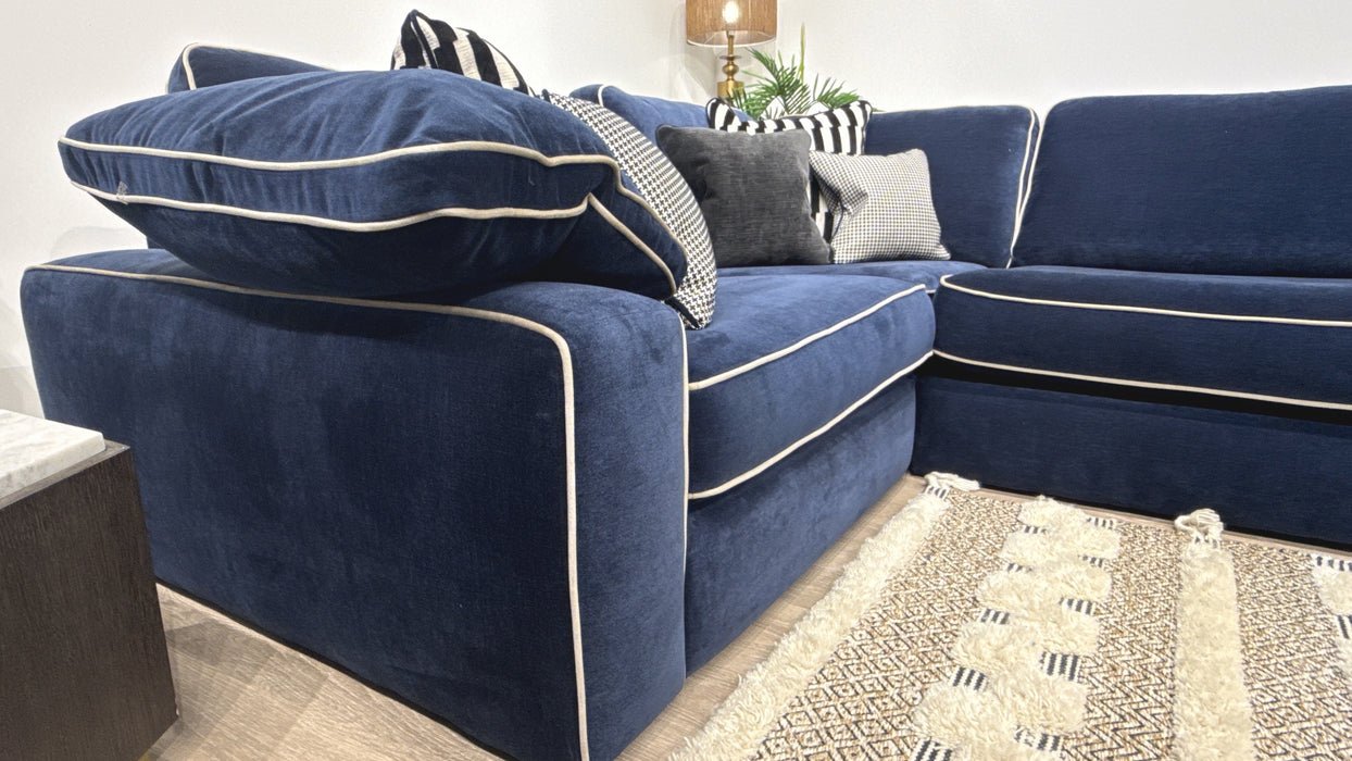 Sofology Atelier Fabric 3 Corner 1 Full Back in Soft Chenille Navy Mix With Pearl Contrast Piping