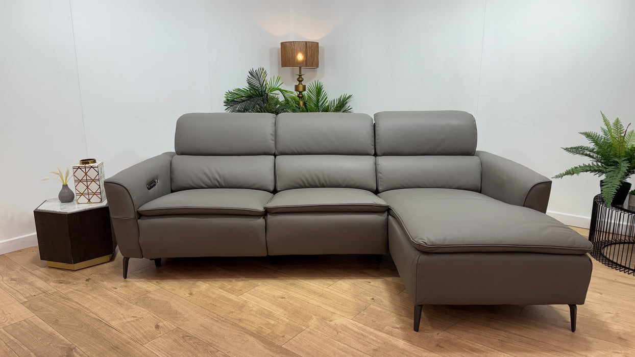 Sofology Viento Leather 3 Seater Chaise Power Recliner/Headrest Lumbar Heated Seat in Trusty Super Matt Storm Grey