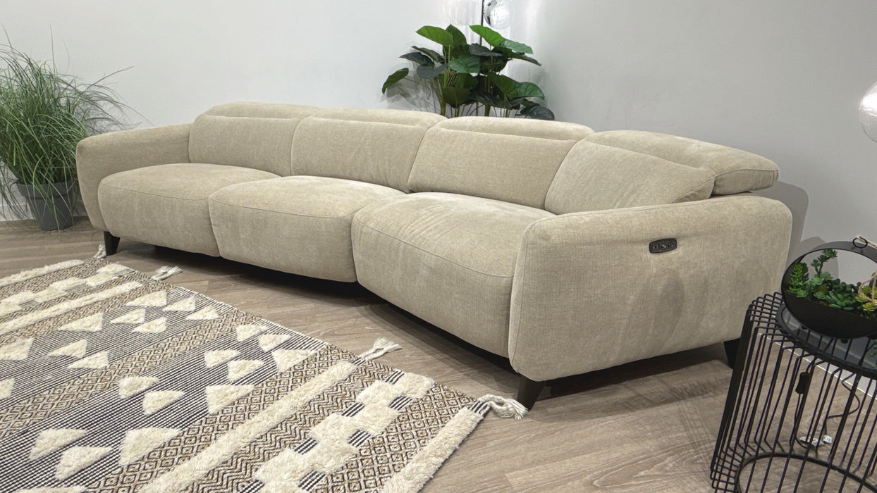 Sofology Larsen Fabric 4 Seater Asymmetrical Power Recliner/Headrest in Chunky Linen Look Chenille Pebble