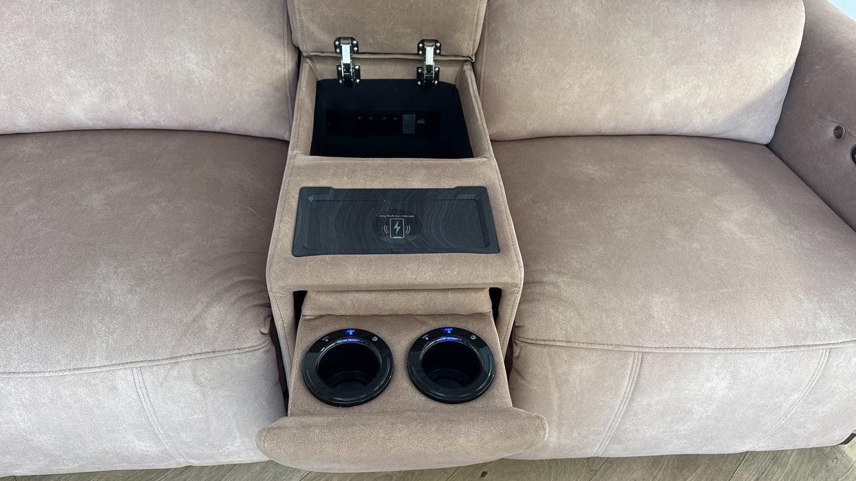 Sofology The Ravello Fabric 3 Seater Console Power Recliner/Headrest Heated Seat Lumbar in Lifestyle Flecked Sand