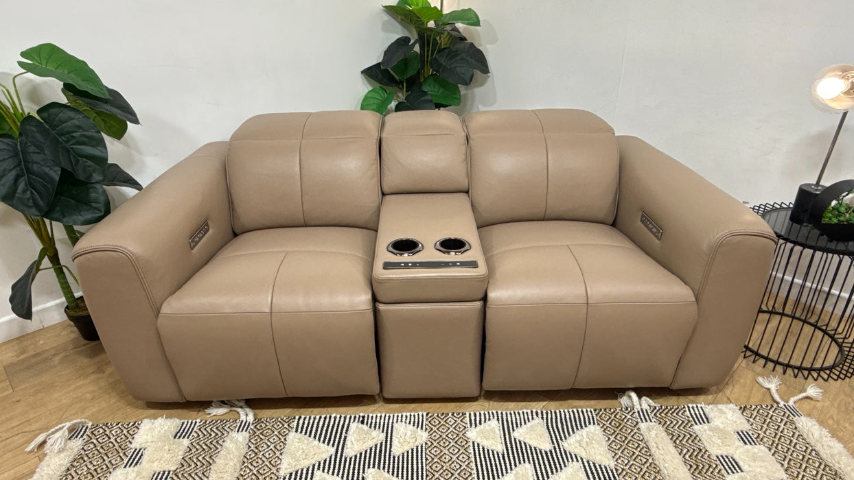 Sofology Riviera Leather 2 Seater Console Power Recliner/Headrest in Trusty Embossed Mushroom