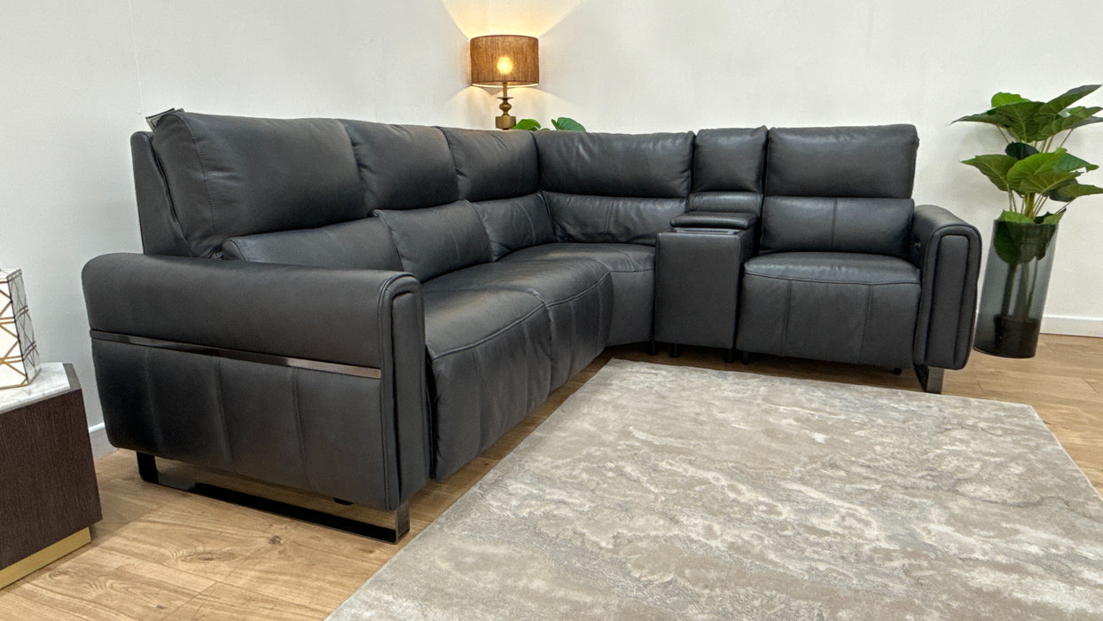 Sofology The Ravello Leather 2 Corner Console 1 Power Recliner/Headrest Heated Seat Lumbar Support in Trusty Embossed Navy