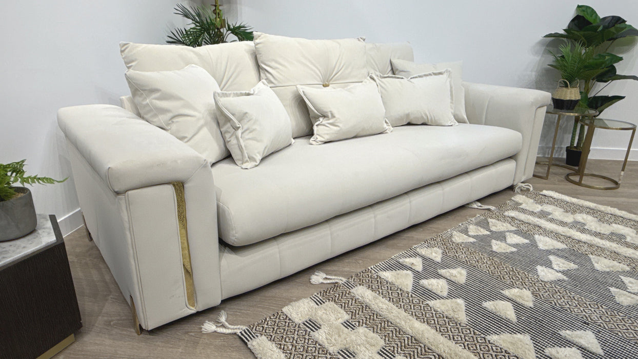 Sofology Oscar Fabric 4 Seater Gold Trim in Super Matt Velvet Ecru
