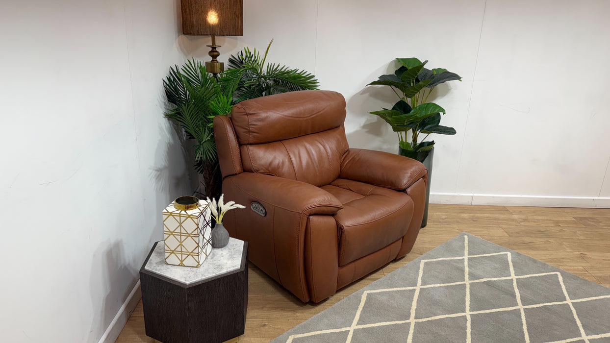Sofology Radley Leather Chair Power Recliner/Headrest in Metz Caramel