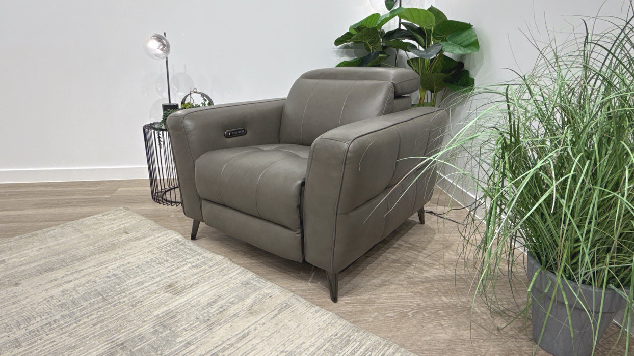 Sofology Jax Leather Chair Power Recliner/Headrest Lumbar Support in Trusty Embossed Grey