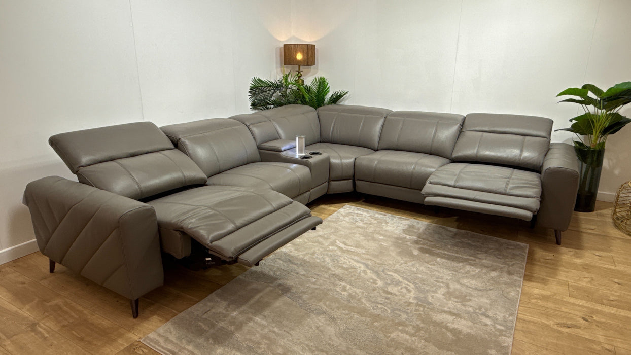Sofology Allure Leather 3 Corner 3 Smart Console Power Recliner/Headrest Heated Seats Lumbar Support Speakers Trusty Embossed Elephant