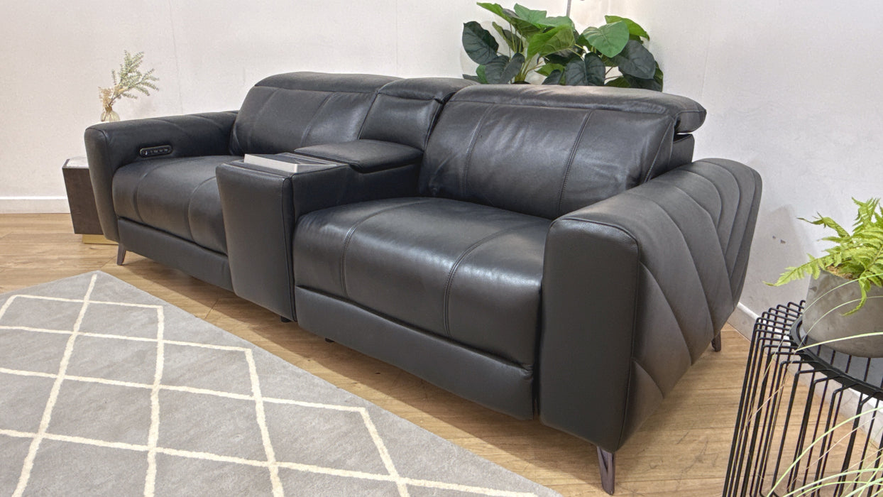 Sofology Allure Leather 2.5 Seater Screen Console Power Recliner/Headrest Heated Seats Lumbar Speakers in Trusty Embossed Jet Black