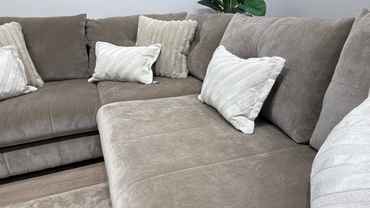 Sofology Oscar Fabric 1 Corner 3 Gold Trim in Fine Textured Chenille Stone Mix