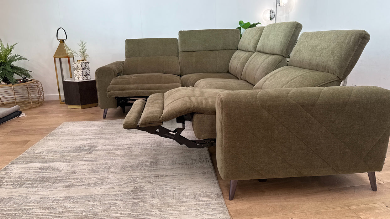 Sofology Allure Fabric 1.5 Corner 3 Power Recliner/Headrest Heated Seats Lumbar in Relaxed Chenille Olive Green