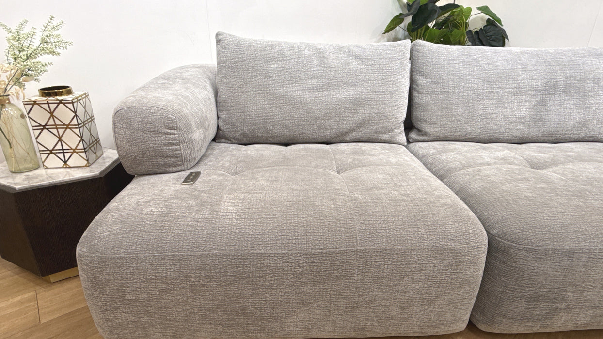 Sofology Fabric Flex 4 Seater Chaise Large Full Back Power Motion Back in Heavy Textured Chenille Light Grey