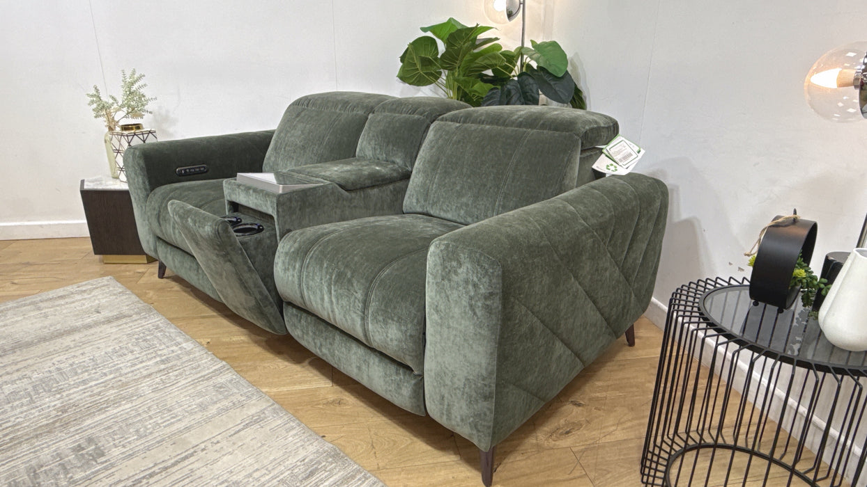 Sofology Alllure Fabric 2 Seater Screen Console Power Recliner/Headrest Heated Seats Lumbar Support Speakers in Relaxed Chenille Pine