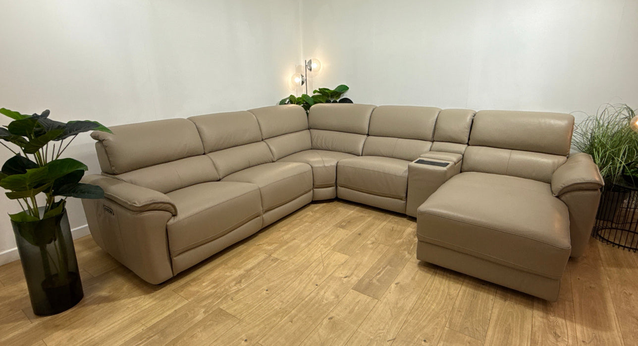Sofology Hugo Leather 3 Corner Console 3 Power Chaise Power Recliner/Headrest in Trusty Embossed  Stone