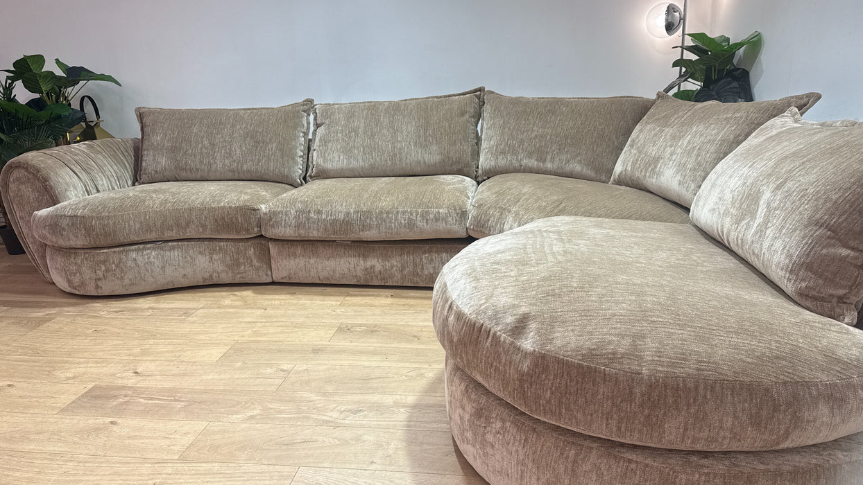 Sofology Lustre Fabric 3 Corner 1.5 Chaise Feather Flex Seats in Luxury Plush Chenille Fawn Mix