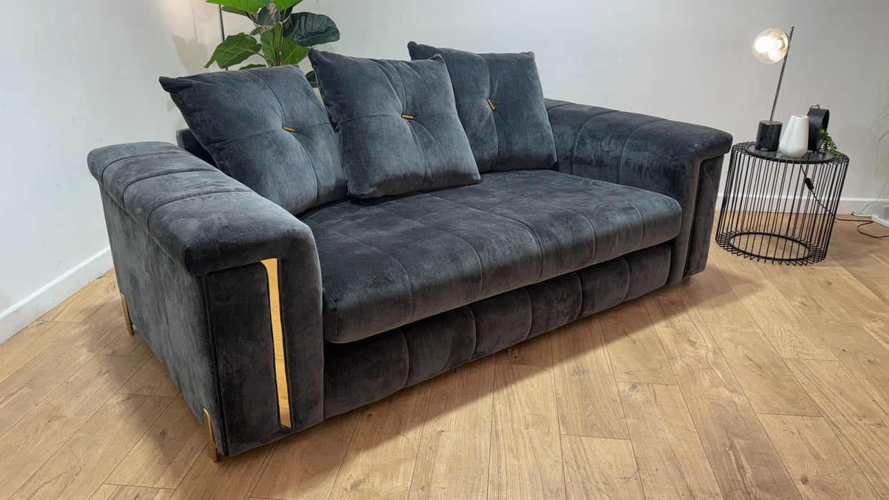 Sofology Oscar Fabric 2 Seater Gold Trim in Fine Textured Chenille Charcoal Mix