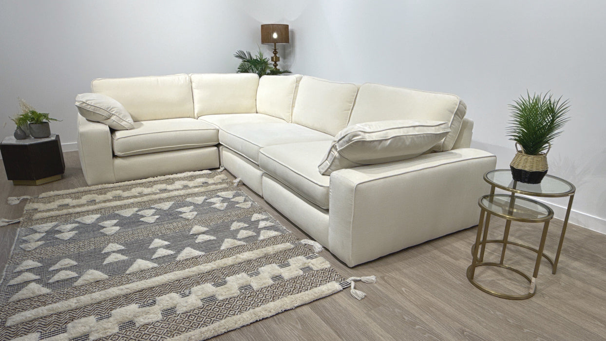 Sofology Atelier Fabric 1 Corner 3 Full Back in Soft Chenille Ivory Mix With Black Contrast Piping