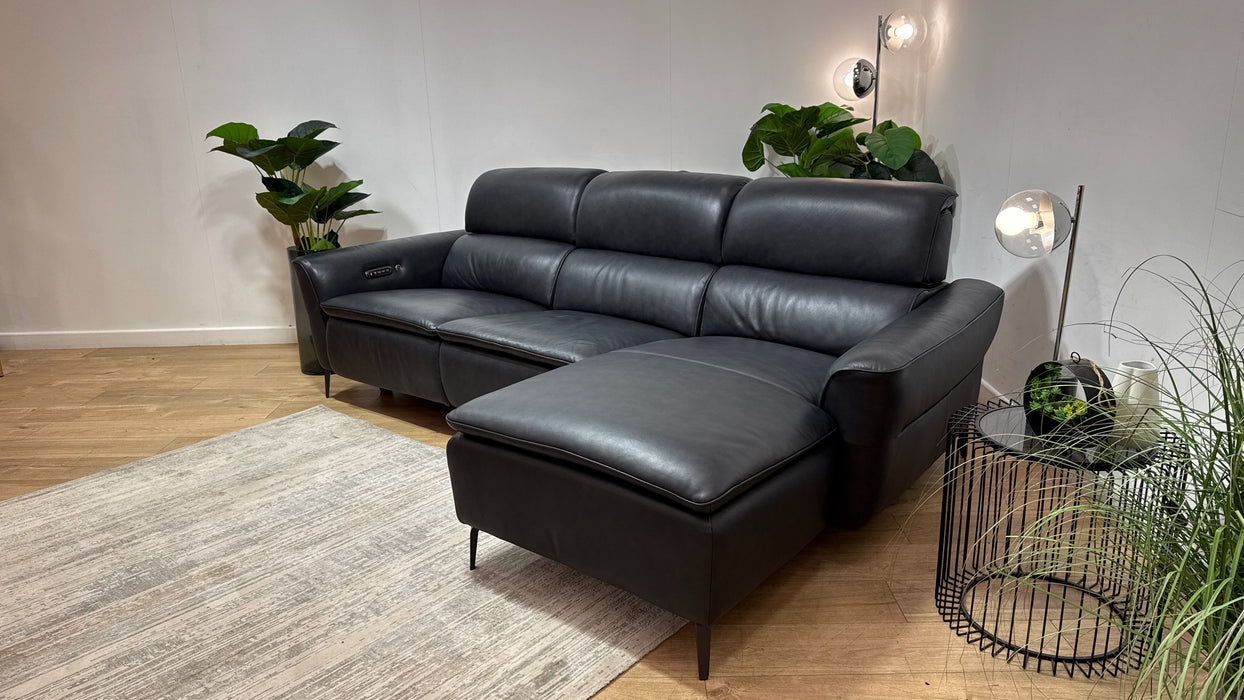 Sofology Viento Leather 3 Seater Chaise Power Recliner/Headrest Heated Seat Lumbar Support in Trusty Embossed Navy