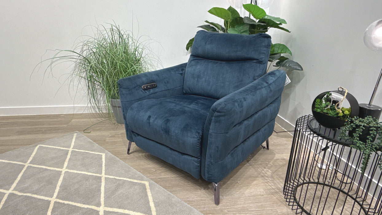 Sofology Renato Fabric Chair Power Recliner in Hertiage Velvet Airforce
