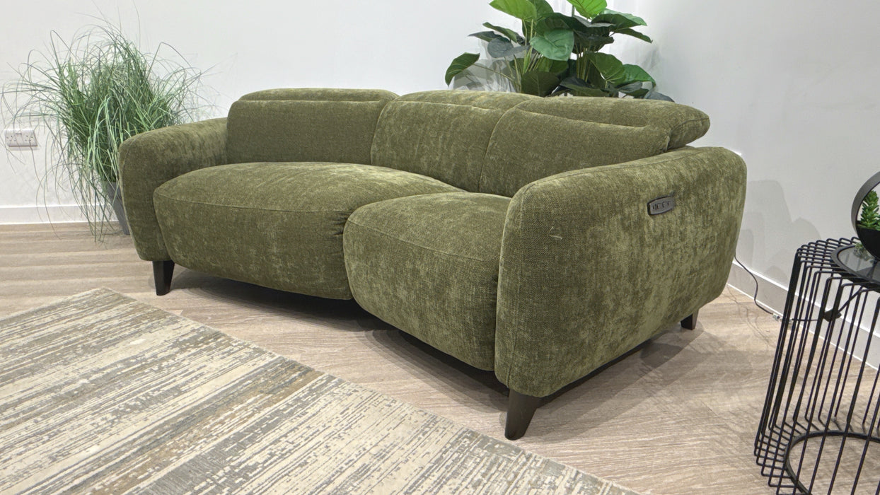 Sofology Larsen Fabric Asymmetrical 3 Seater Power Recliner/Headrest in Chunky Linen Look Chenille Olive