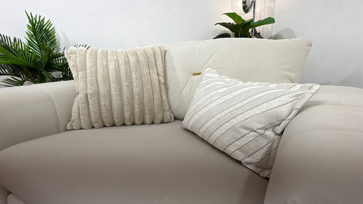Sofology Oscar Fabric Loveseat Gold Trim in Super Matt Velvet Ecru Mix