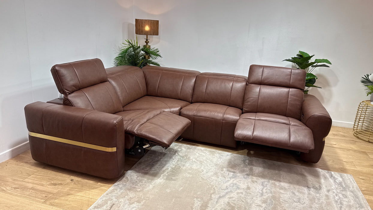 Sofology Lumiere Leather 1.5 Corner 3 Power Recliner/Headrest Gold Trim in Trusty Embossed Chestnut