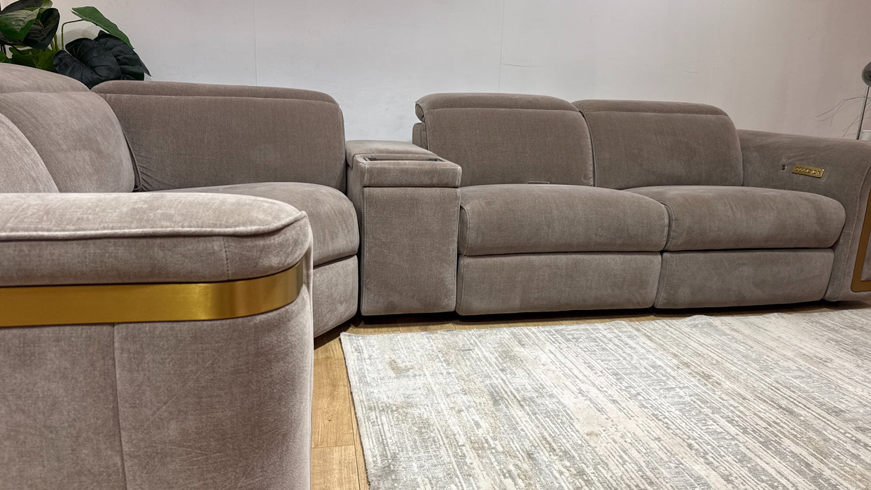 Sofology Plaza Fabric 1.5 Smart Console Corner 3 Power Recliner/Headrest Heated Seats in Relaxed Chenille Nutmeg