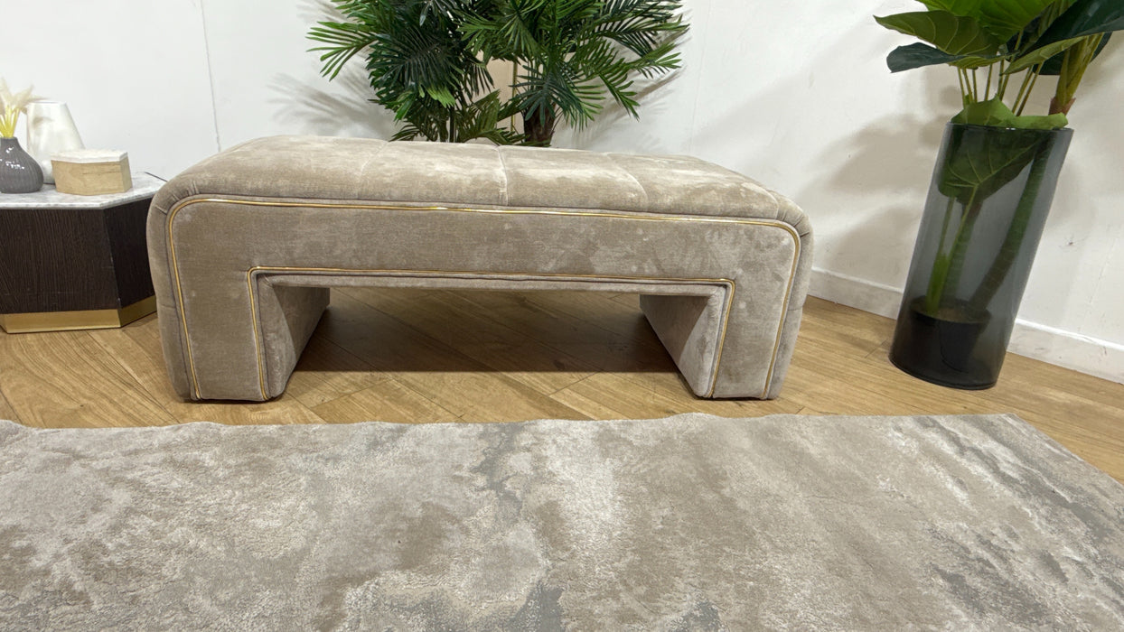 Sofology Oscar Fabric Small Bench Footstool Gold Trim in Fine Textured Chenille Stone