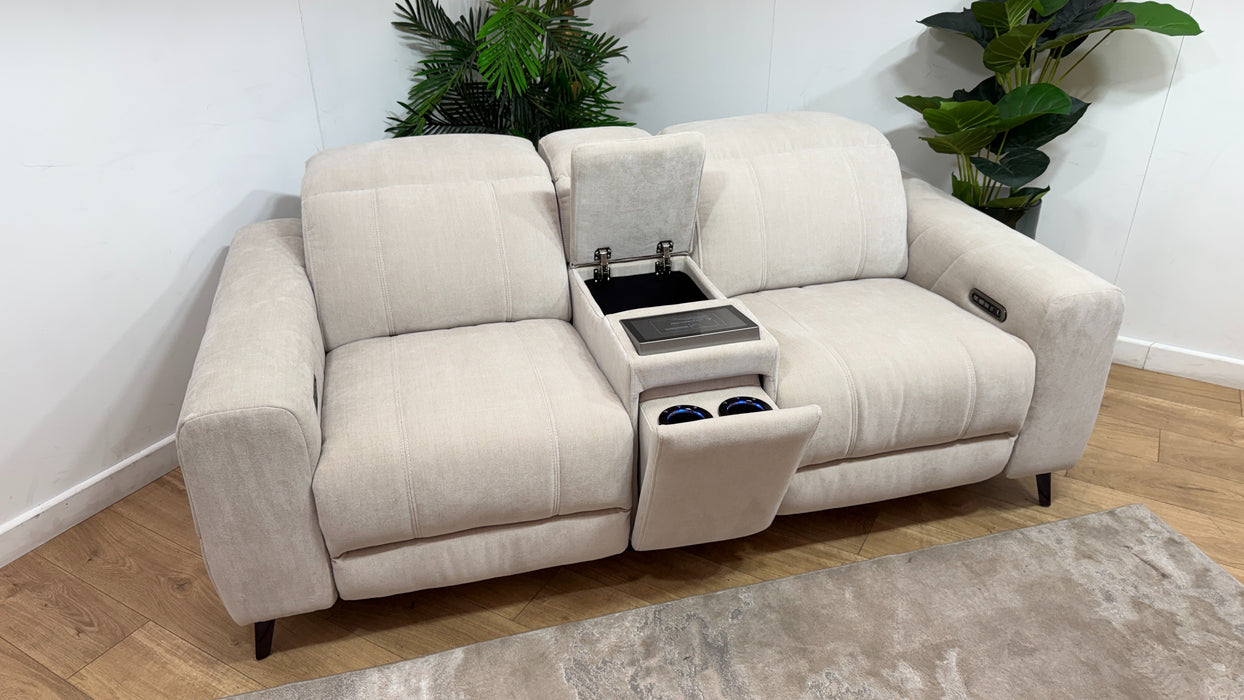 Sofology Allure Fabric 2 Seater Screen Console Power Recliner/Headrest Heated Seats Lumbar Support Speakers in Relaxed Chenille Cotton