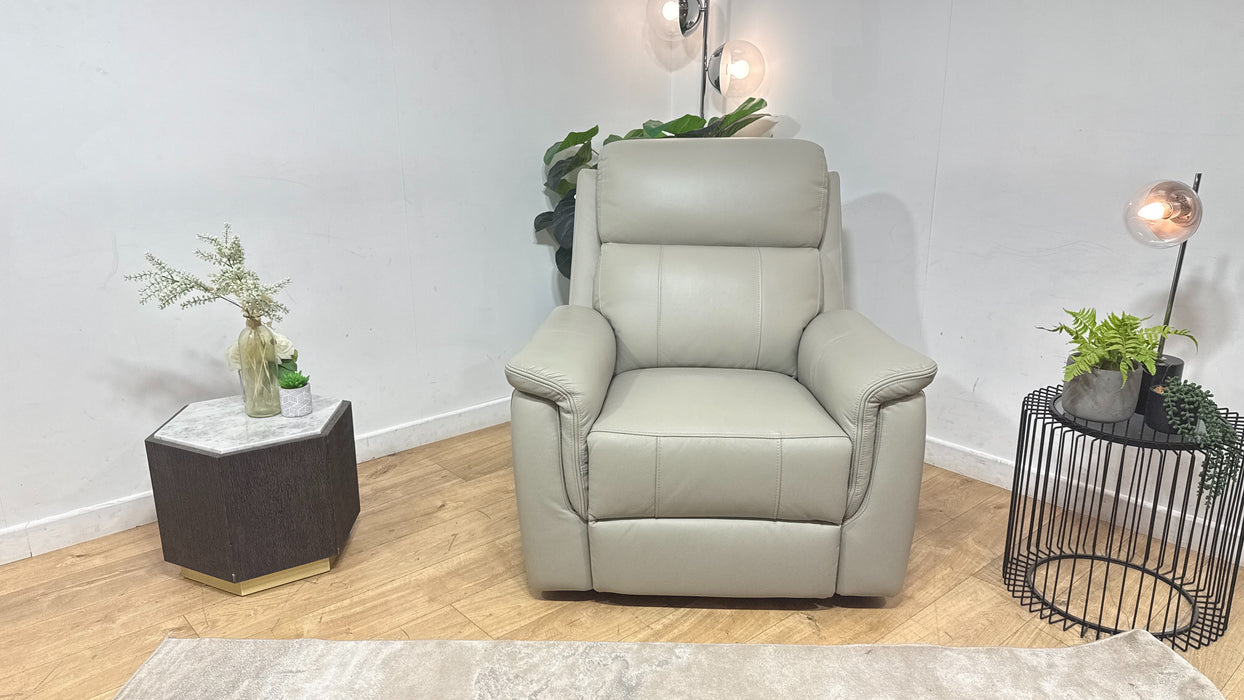 Sofology Bradie Leather Chair Power Recliner/Headrest in Trusty Embossed Light Grey