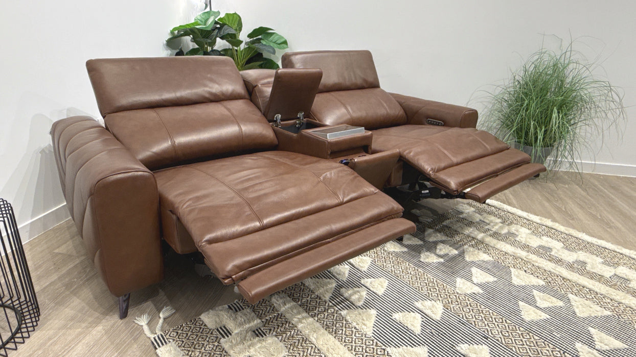 Sofology Allure Leather 2.5 Seater Screen Console Power Recliner/Headrest Heated Seats Lumbar Support Speakers in Trusty Embossed Chestnut