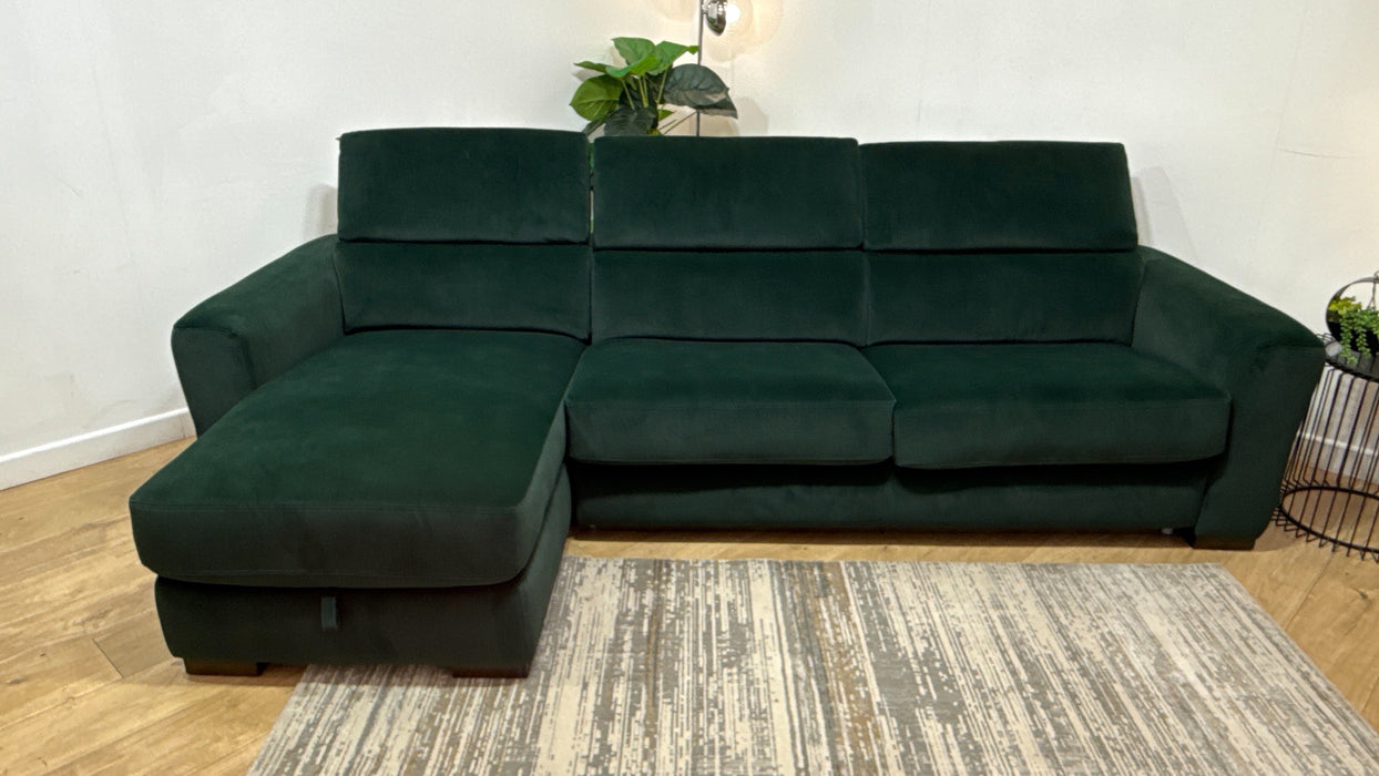 Sofology Metropolitan Fabric Chaise 4 Seater Sofa Bed with Storage in Lifestyle Mottled Dark Green