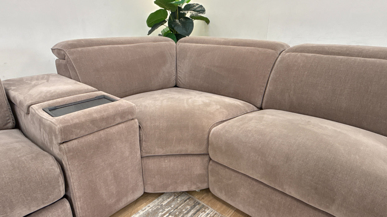 Sofology Plaza Fabric 1.5 Smart Console Corner 3 Power Recliner/Headrest Heated Seats in Relaxed Chenille Nutmeg