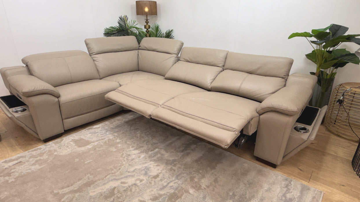 Sofology Portland Leather 1.5 Corner 3 Triple Power Recliner/Headrest in Trusty Embossed Stone