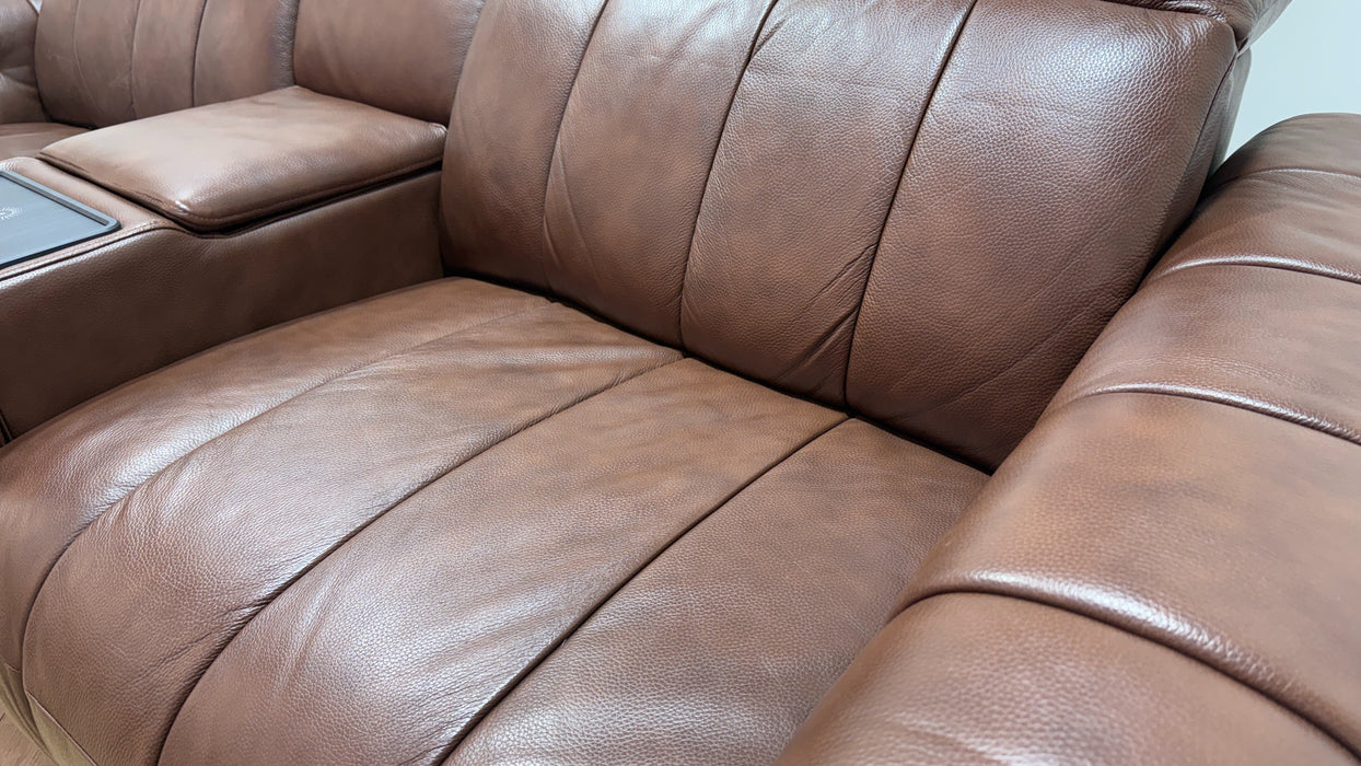 Sofology Paramount Leather 2.5 Seater Console Power Recliner/Headrest Heated Seats Speakers in Trusty Embossed Chestnut