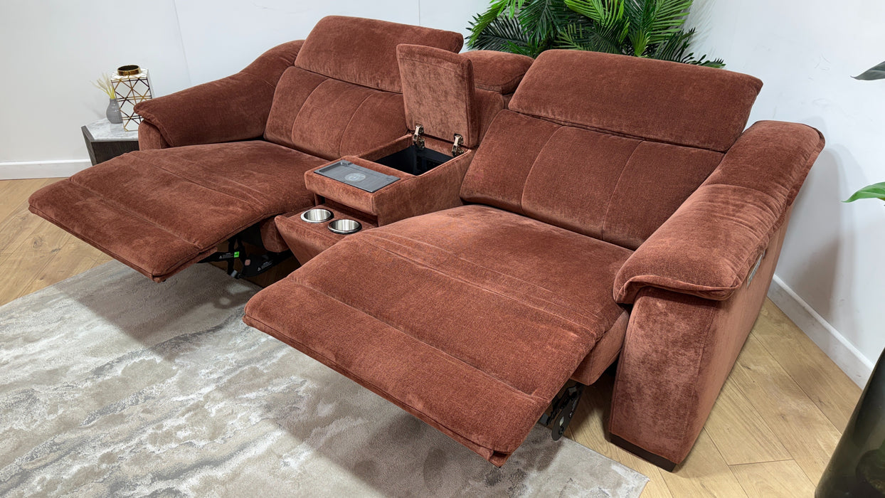 Sofology Carrera Fabric 2.5 Seater Smart Console Power Recliner/Headrest Heated Seat in Relaxed Chenille Burnt Sienna